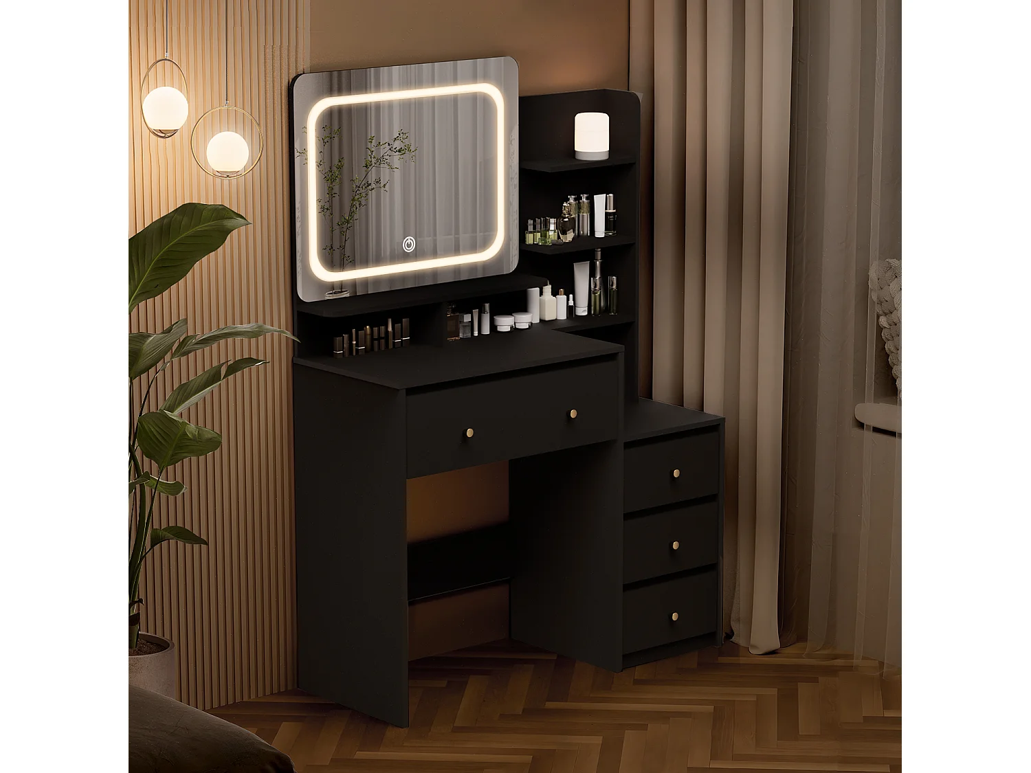 Coiffeuse avec éclairage LED - 92,6 x 132 x 36 cm - Noir