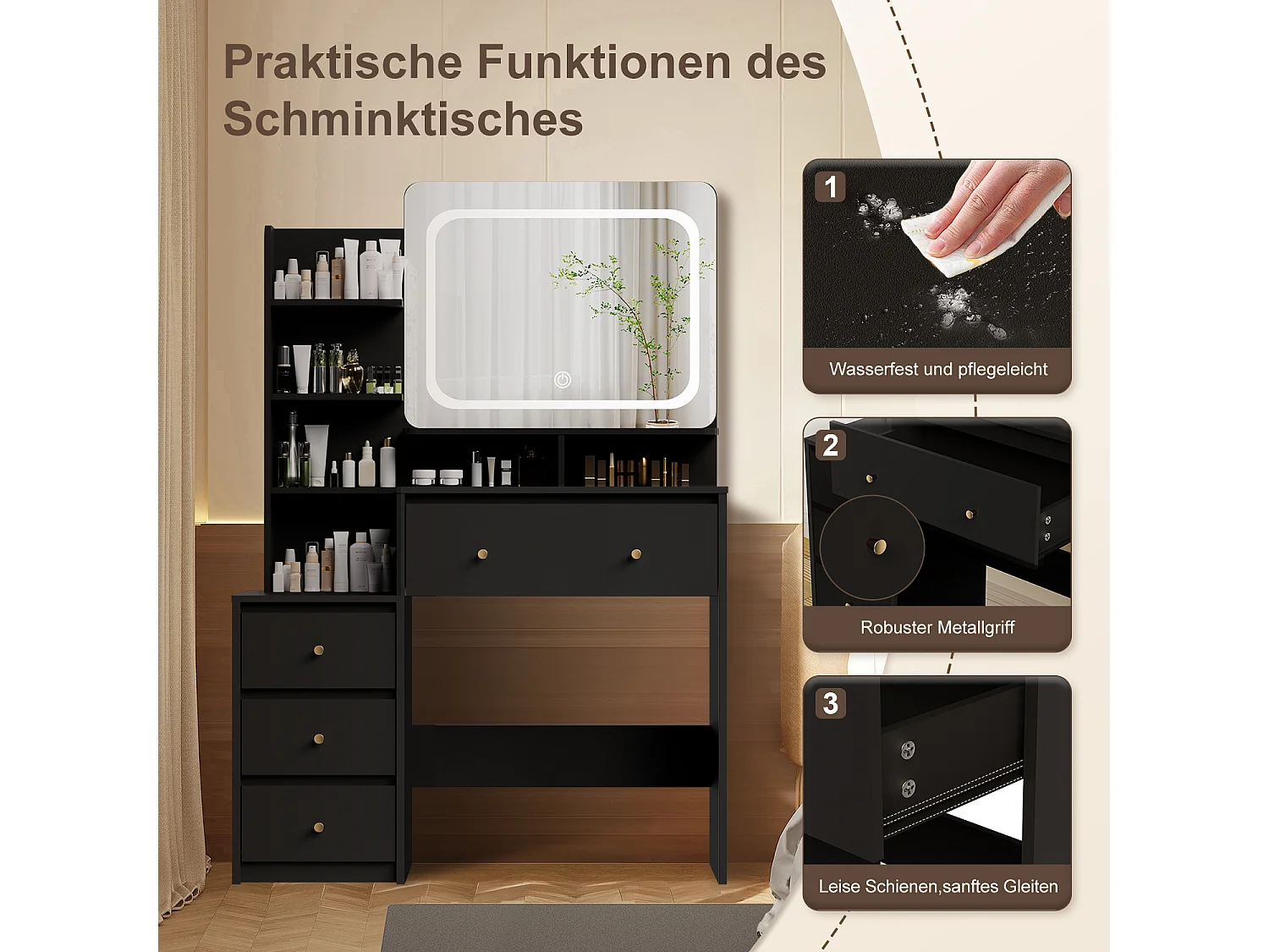 Coiffeuse avec éclairage LED - 92,6 x 132 x 36 cm - Noir