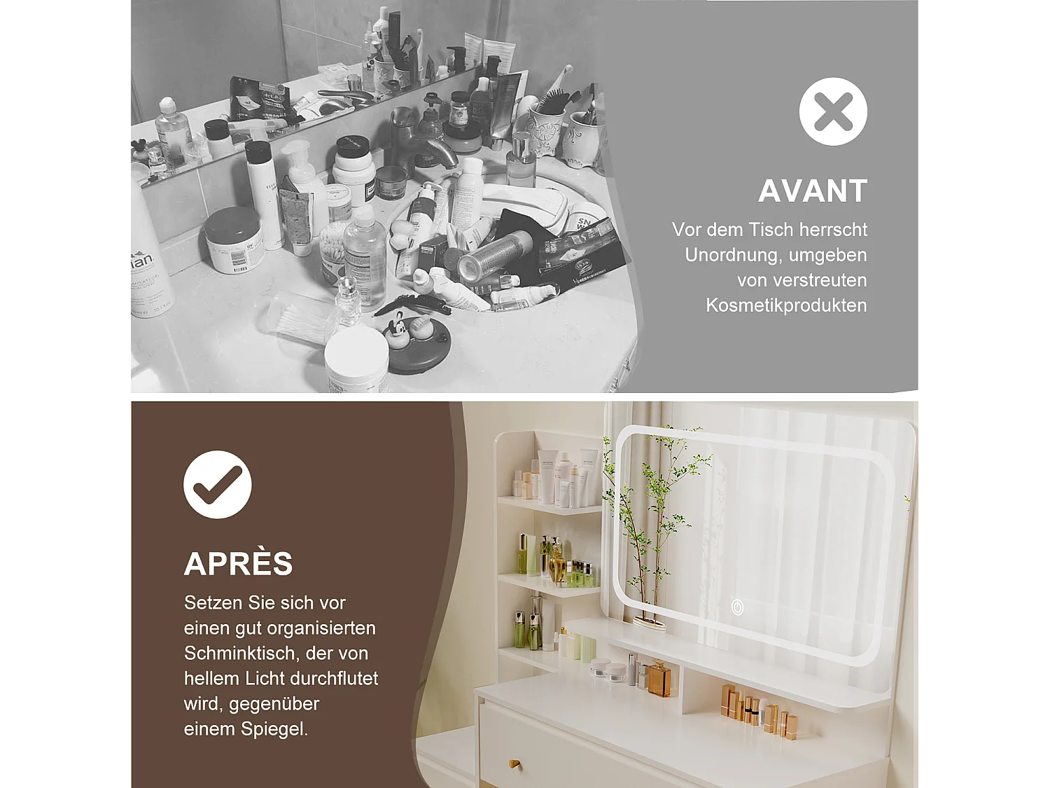 Coiffeuse avec éclairage LED - 92,6 x 132 x 36 cm - Blanc