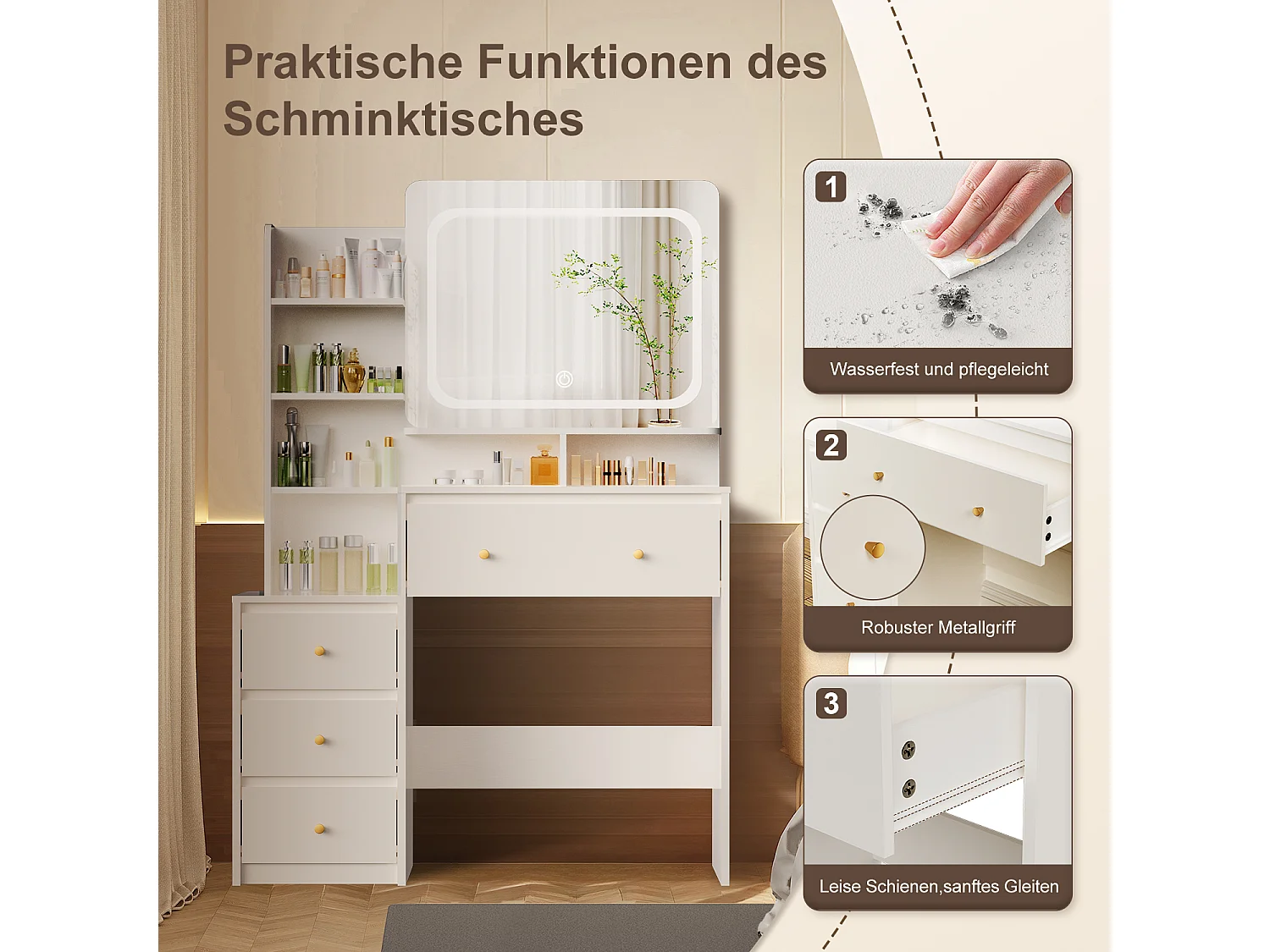 Coiffeuse avec éclairage LED - 92,6 x 132 x 36 cm - Blanc