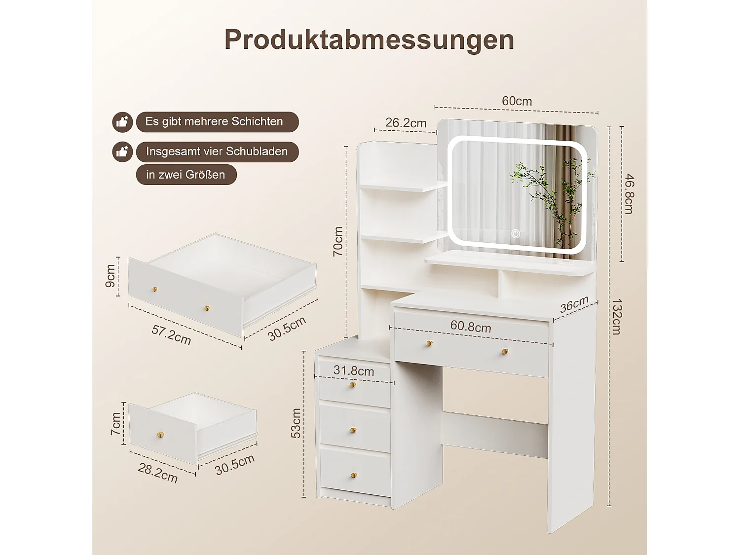 Coiffeuse avec éclairage LED - 92,6 x 132 x 36 cm - Blanc