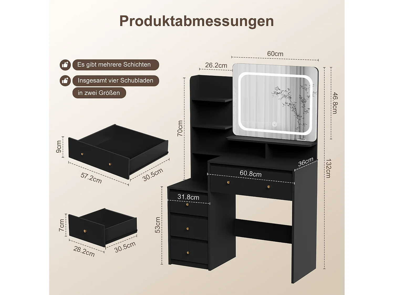 Coiffeuse avec éclairage LED - 92,6 x 132 x 36 cm - Noir - avec 1 tabouret Noir