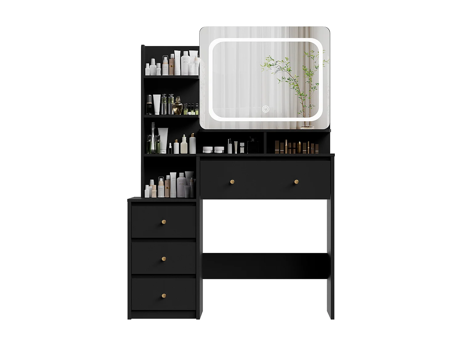 Coiffeuse avec éclairage LED - 92,6 x 132 x 36 cm - Noir - avec 1 tabouret Noir