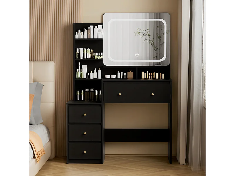 Coiffeuse avec éclairage LED - 92,6 x 132 x 36 cm - Noir - avec 1 tabouret Noir