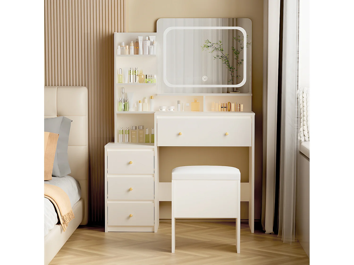 Coiffeuse avec éclairage LED - 92,6 x 132 x 36 cm - Blanc - avec 1 tabouret blanc