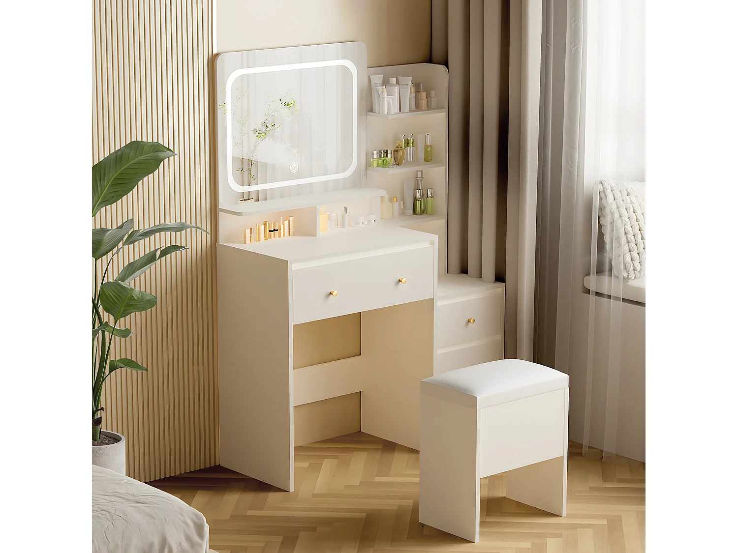 Coiffeuse avec éclairage LED - 92,6 x 132 x 36 cm - Blanc - avec 1 tabouret blanc