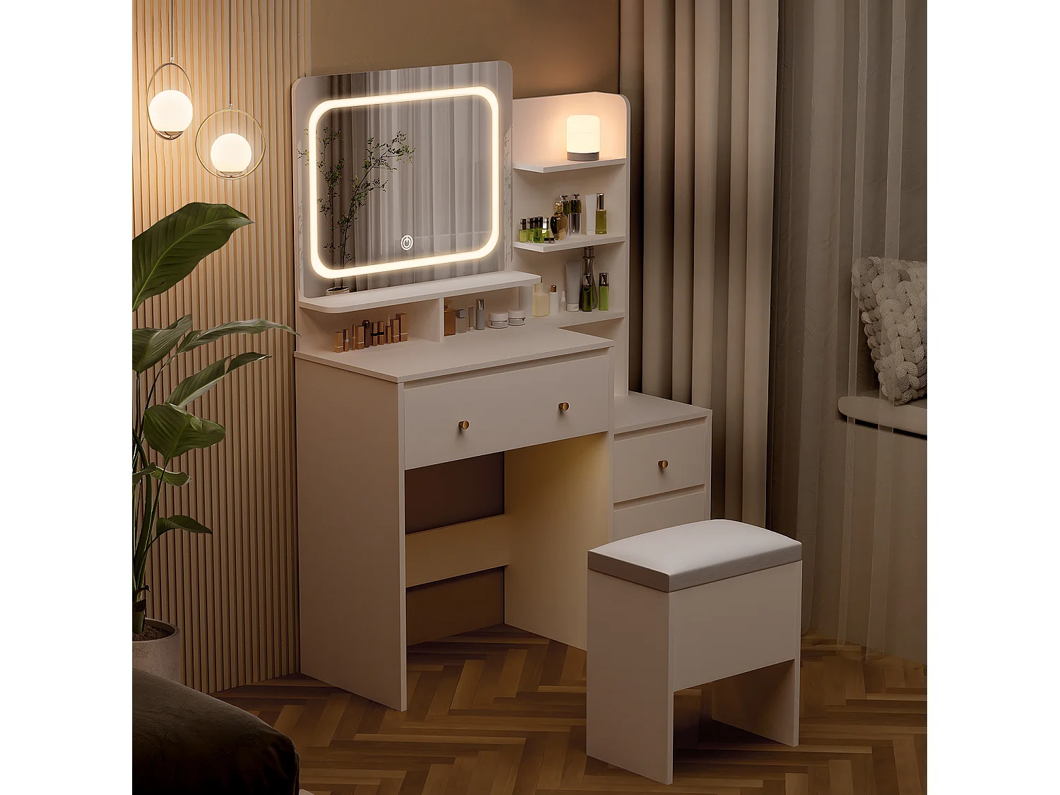 Coiffeuse avec éclairage LED - 92,6 x 132 x 36 cm - Blanc - avec 1 tabouret blanc