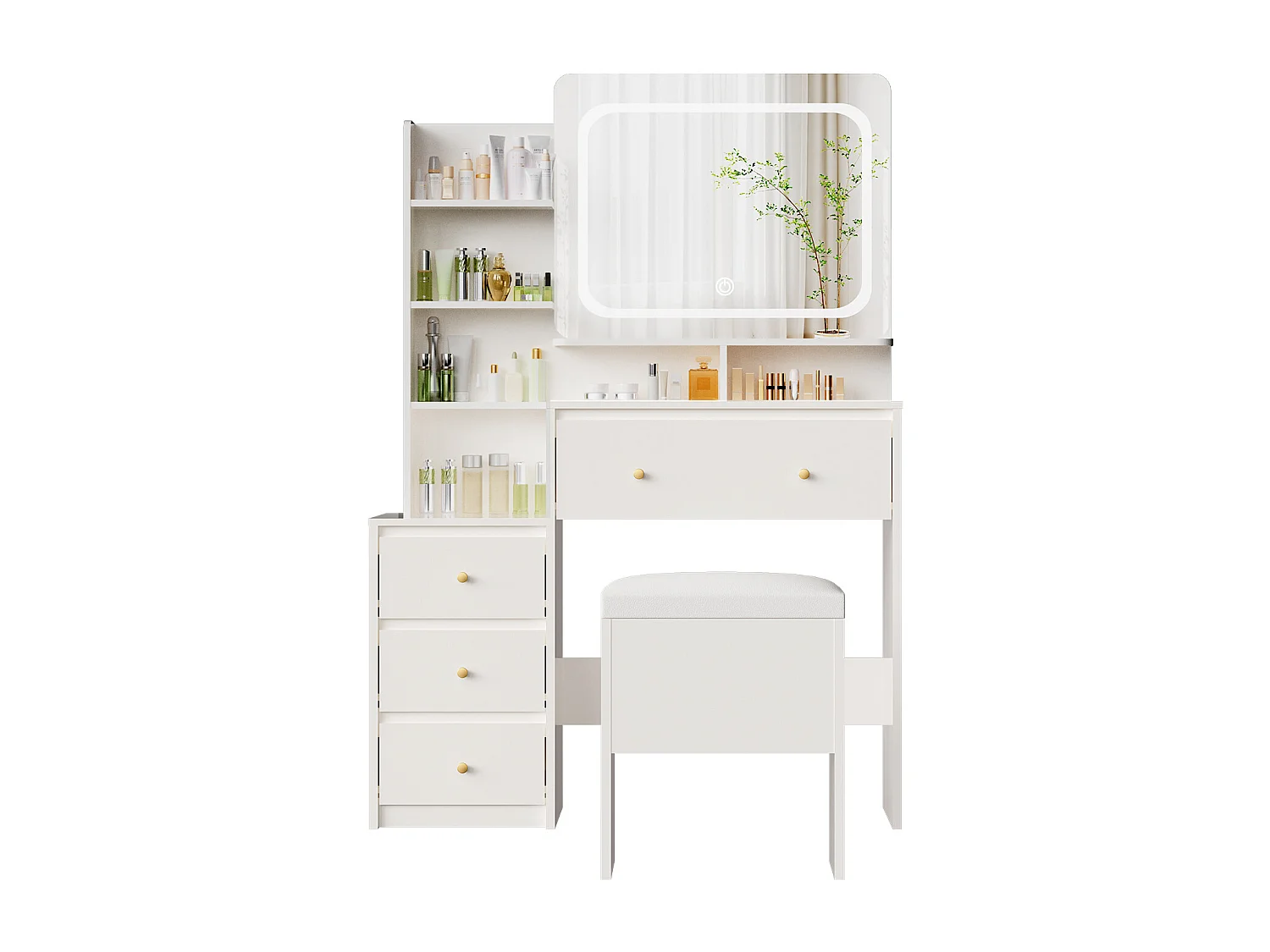 Coiffeuse avec éclairage LED - 92,6 x 132 x 36 cm - Blanc - avec 1 tabouret blanc