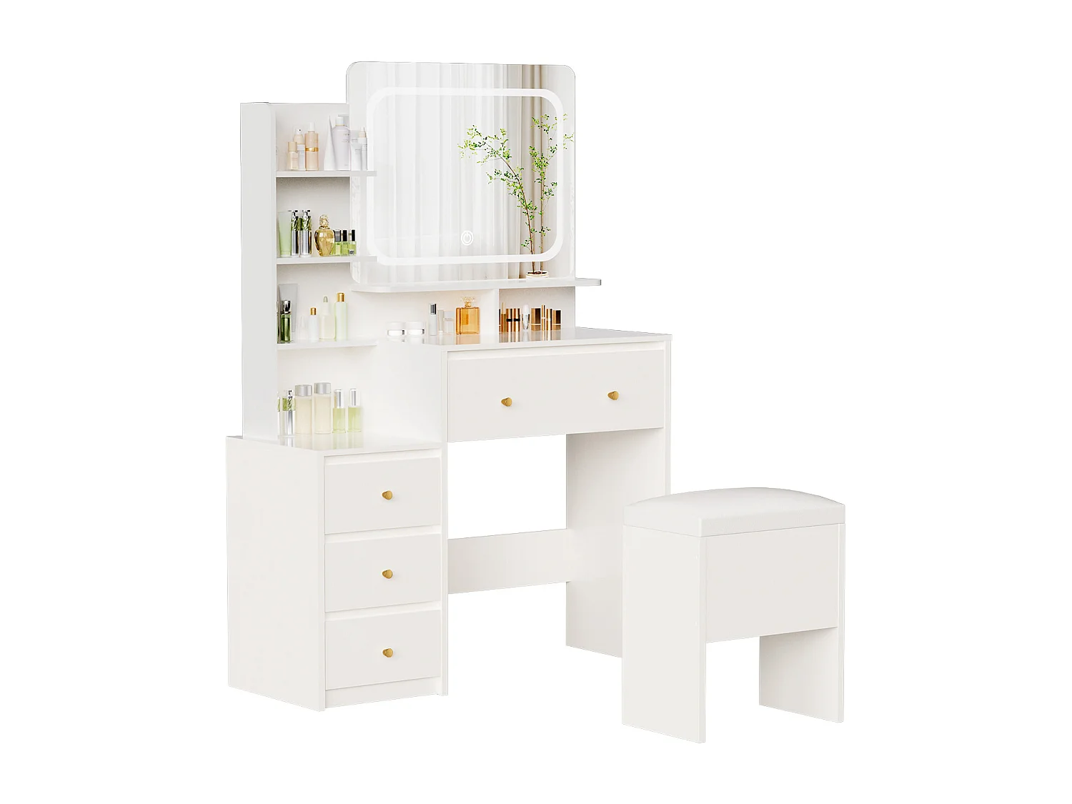 Coiffeuse avec éclairage LED - 92,6 x 132 x 36 cm - Blanc - avec 1 tabouret blanc