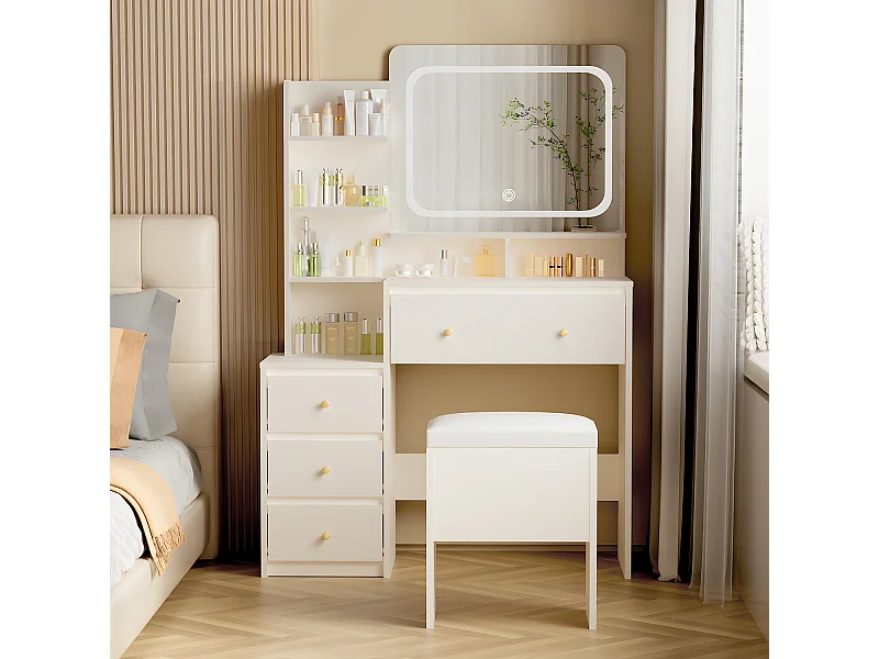 Coiffeuse avec éclairage LED - 92,6 x 132 x 36 cm - Blanc - avec 1 tabouret blanc