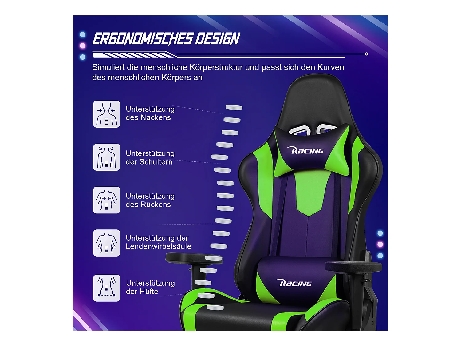 Gaming-Stuhl - ergonomisch Gaming-Stuhl mit Wippfunktion - Gaming Stuhl mit verstellbaren Lendenkissen - Armlehne und Kopfstütze - Bequeme Sitzkissen - 150 kg