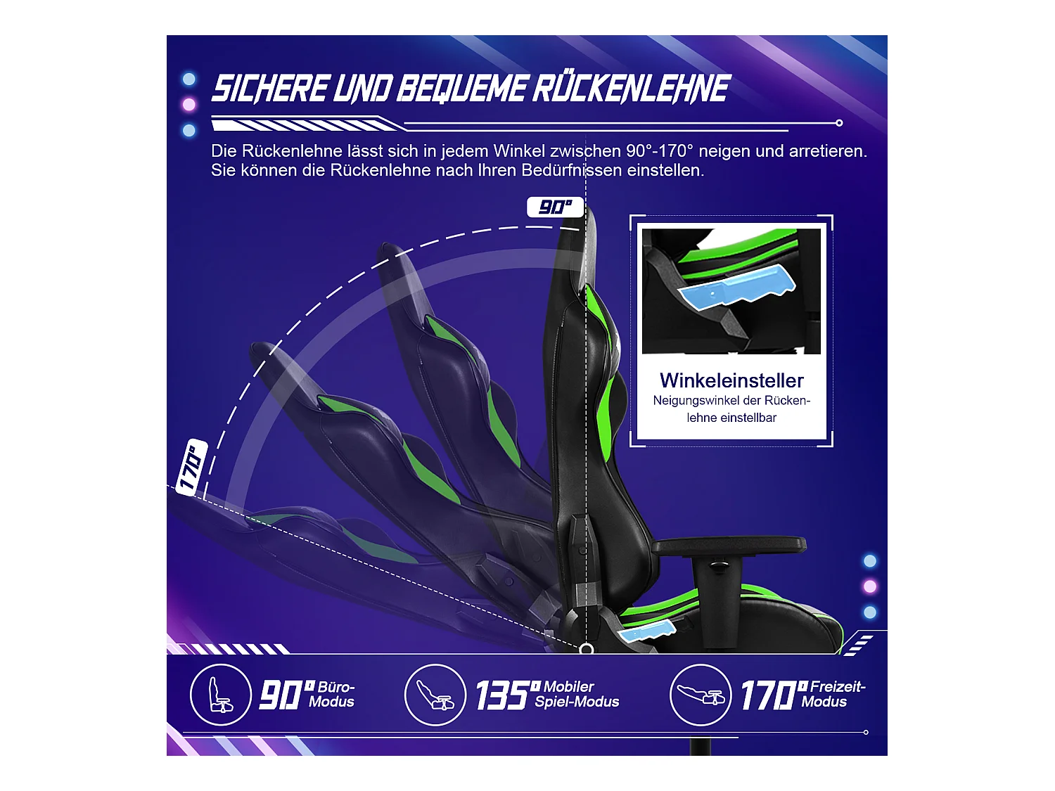 Gaming-Stuhl - ergonomisch Gaming-Stuhl mit Wippfunktion - Gaming Stuhl mit verstellbaren Lendenkissen - Armlehne und Kopfstütze - Bequeme Sitzkissen - 150 kg