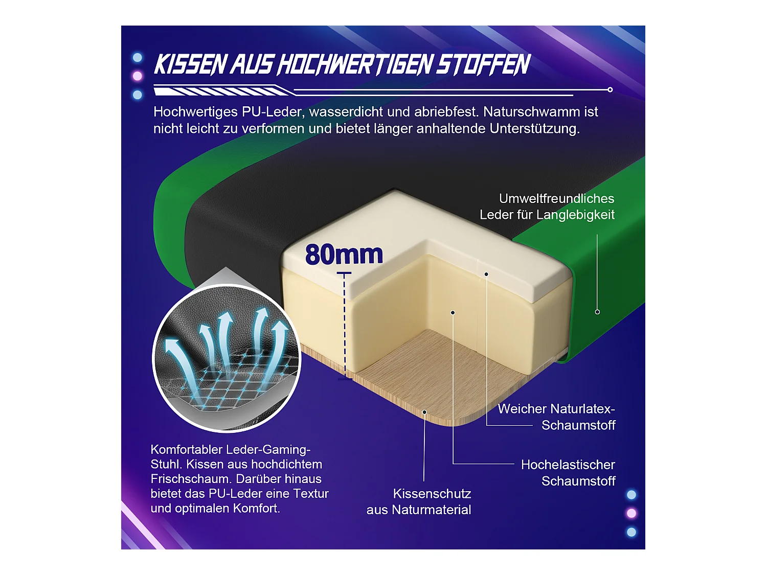 Gaming-Stuhl - ergonomisch Gaming-Stuhl mit Wippfunktion - Gaming Stuhl mit verstellbaren Lendenkissen - Armlehne und Kopfstütze - Bequeme Sitzkissen - 150 kg