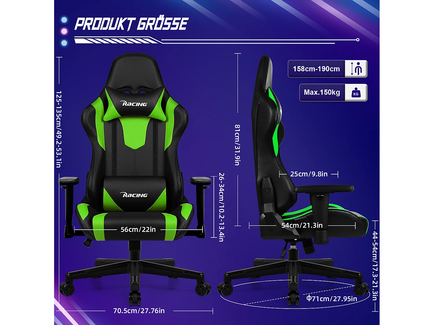 Gaming-Stuhl - ergonomisch Gaming-Stuhl mit Wippfunktion - Gaming Stuhl mit verstellbaren Lendenkissen - Armlehne und Kopfstütze - Bequeme Sitzkissen - 150 kg