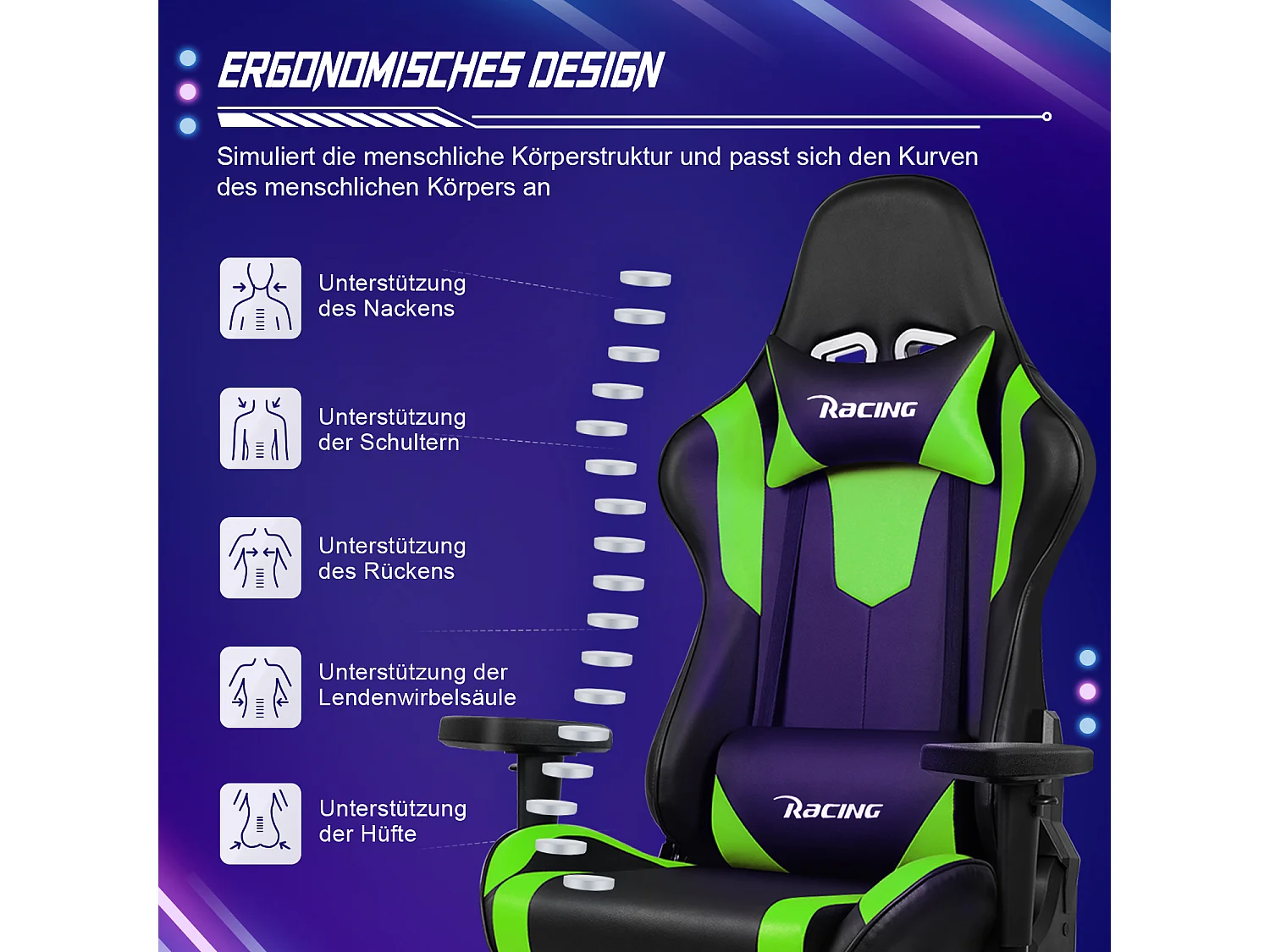 Gaming-Stuhl - ergonomisch Gaming-Stuhl mit Wippfunktion - Gaming Stuhl mit verstellbaren Lendenkissen - Armlehne und Kopfstütze - Bequeme Sitzkissen - 150 kg
