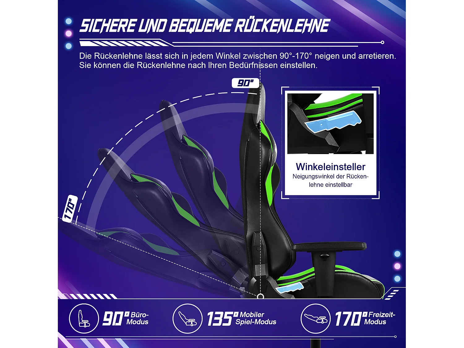 Gaming-Stuhl - ergonomisch Gaming-Stuhl mit Wippfunktion - Gaming Stuhl mit verstellbaren Lendenkissen - Armlehne und Kopfstütze - Bequeme Sitzkissen - 150 kg