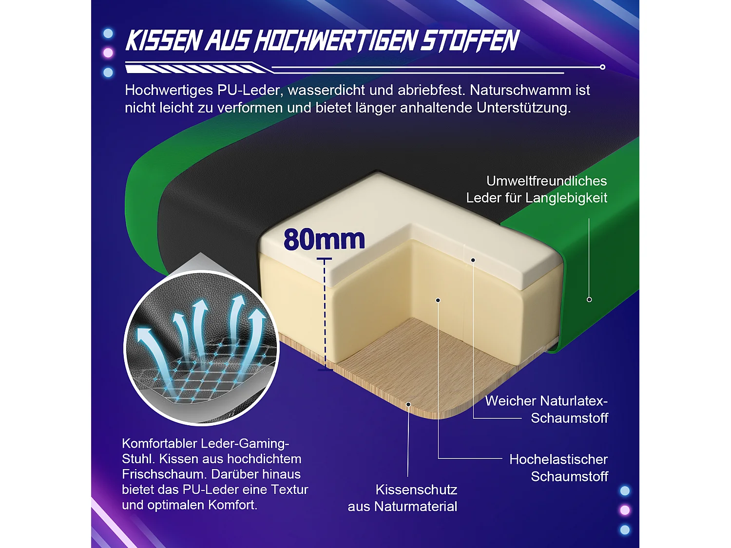 Gaming-Stuhl - ergonomisch Gaming-Stuhl mit Wippfunktion - Gaming Stuhl mit verstellbaren Lendenkissen - Armlehne und Kopfstütze - Bequeme Sitzkissen - 150 kg