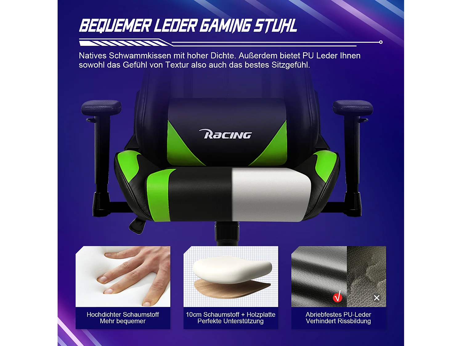Gaming-Stuhl - ergonomisch Gaming-Stuhl mit Wippfunktion - Gaming Stuhl mit verstellbaren Lendenkissen - Armlehne und Kopfstütze - Bequeme Sitzkissen - 150 kg