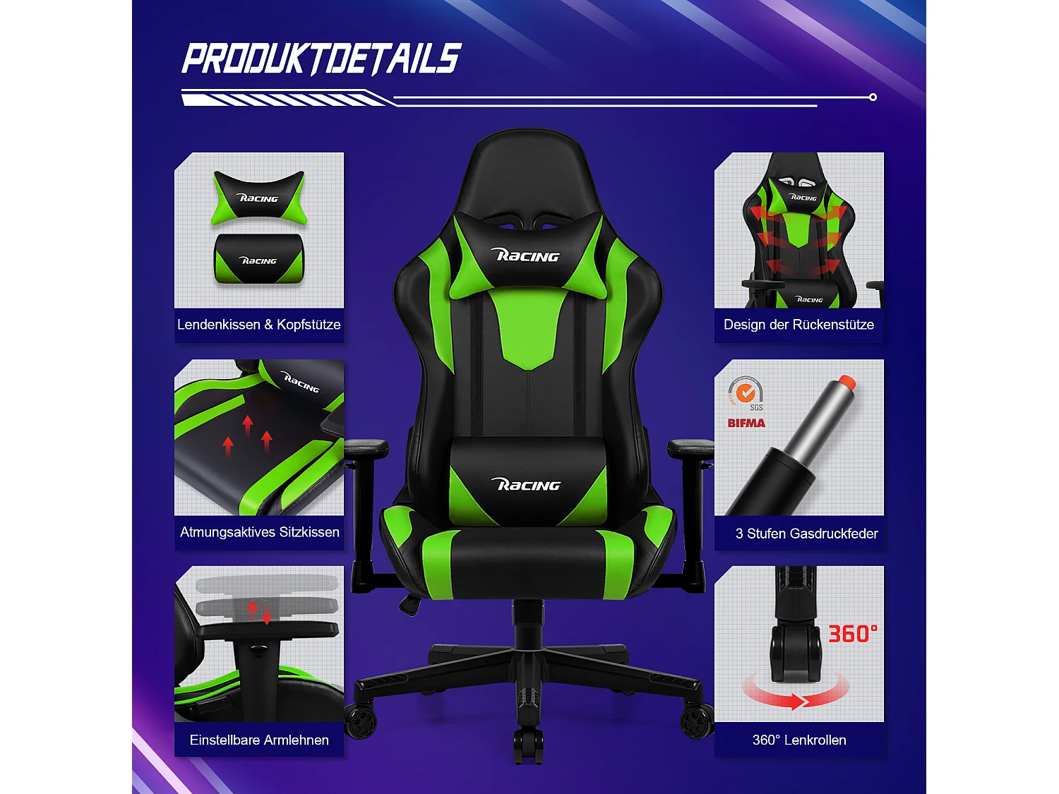 Gaming-Stuhl - ergonomisch Gaming-Stuhl mit Wippfunktion - Gaming Stuhl mit verstellbaren Lendenkissen - Armlehne und Kopfstütze - Bequeme Sitzkissen - 150 kg