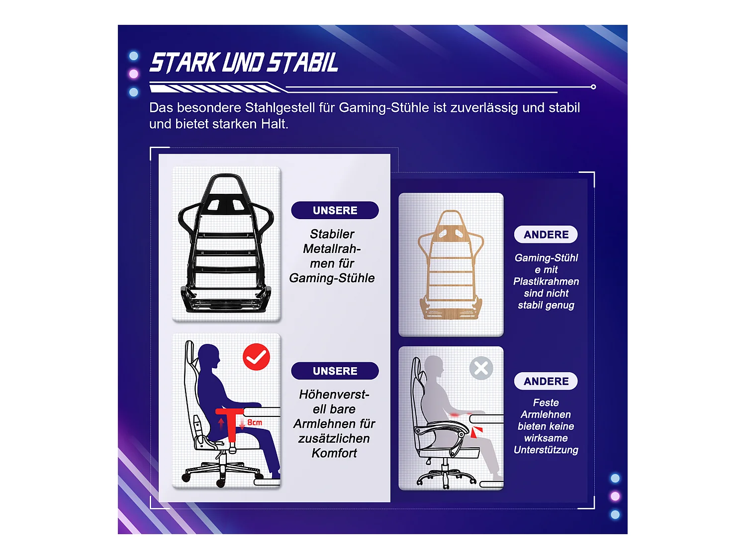 Gaming-Stuhl - ergonomisch Gaming-Stuhl mit Wippfunktion - Gaming Stuhl mit verstellbaren Lendenkissen - Armlehne und Kopfstütze - Bequeme Sitzkissen - 150 kg