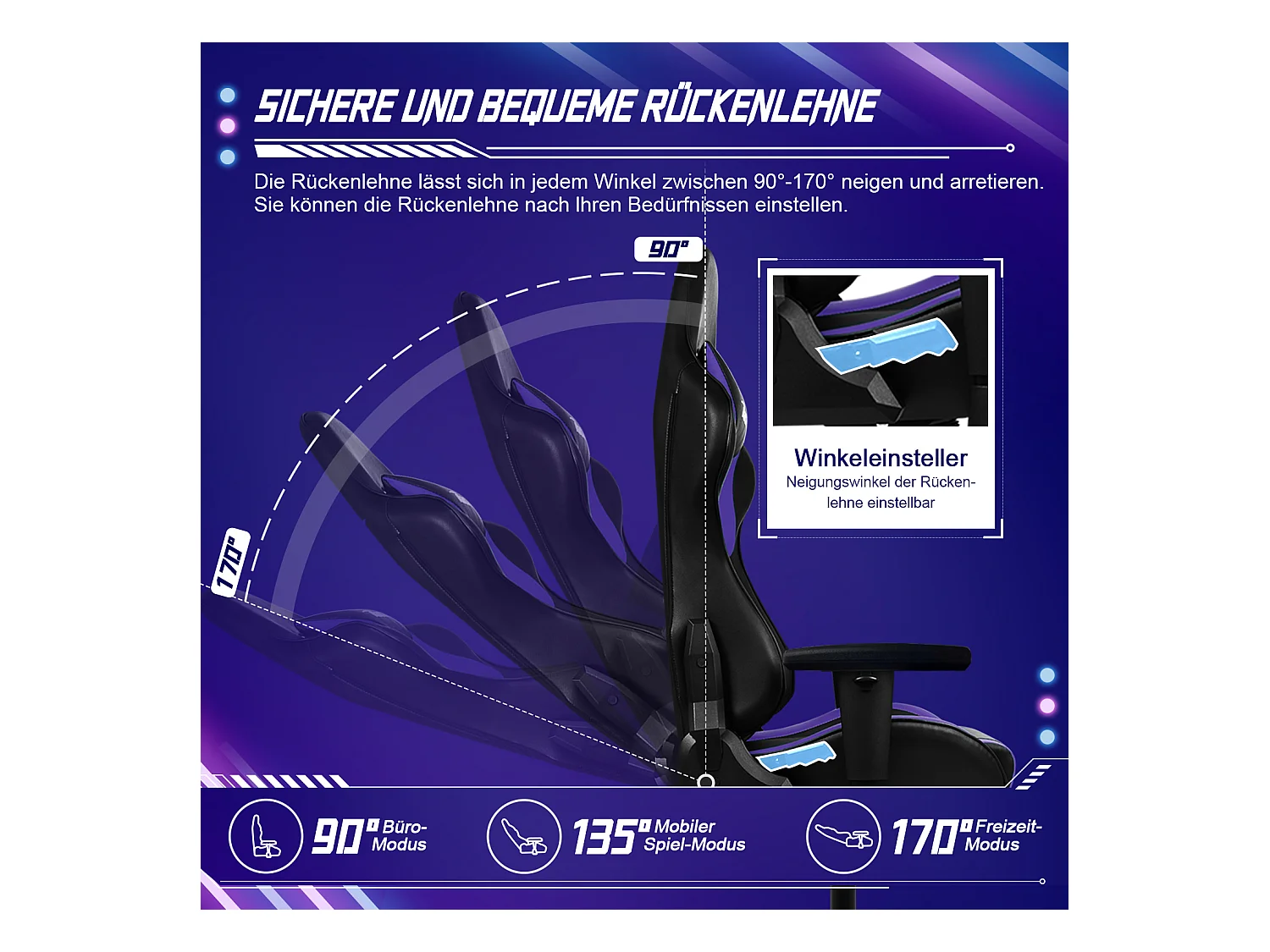 Gaming-Stuhl - ergonomisch Gaming-Stuhl mit Wippfunktion - Gaming Stuhl mit verstellbaren Lendenkissen - Armlehne und Kopfstütze - Bequeme Sitzkissen - 150 kg