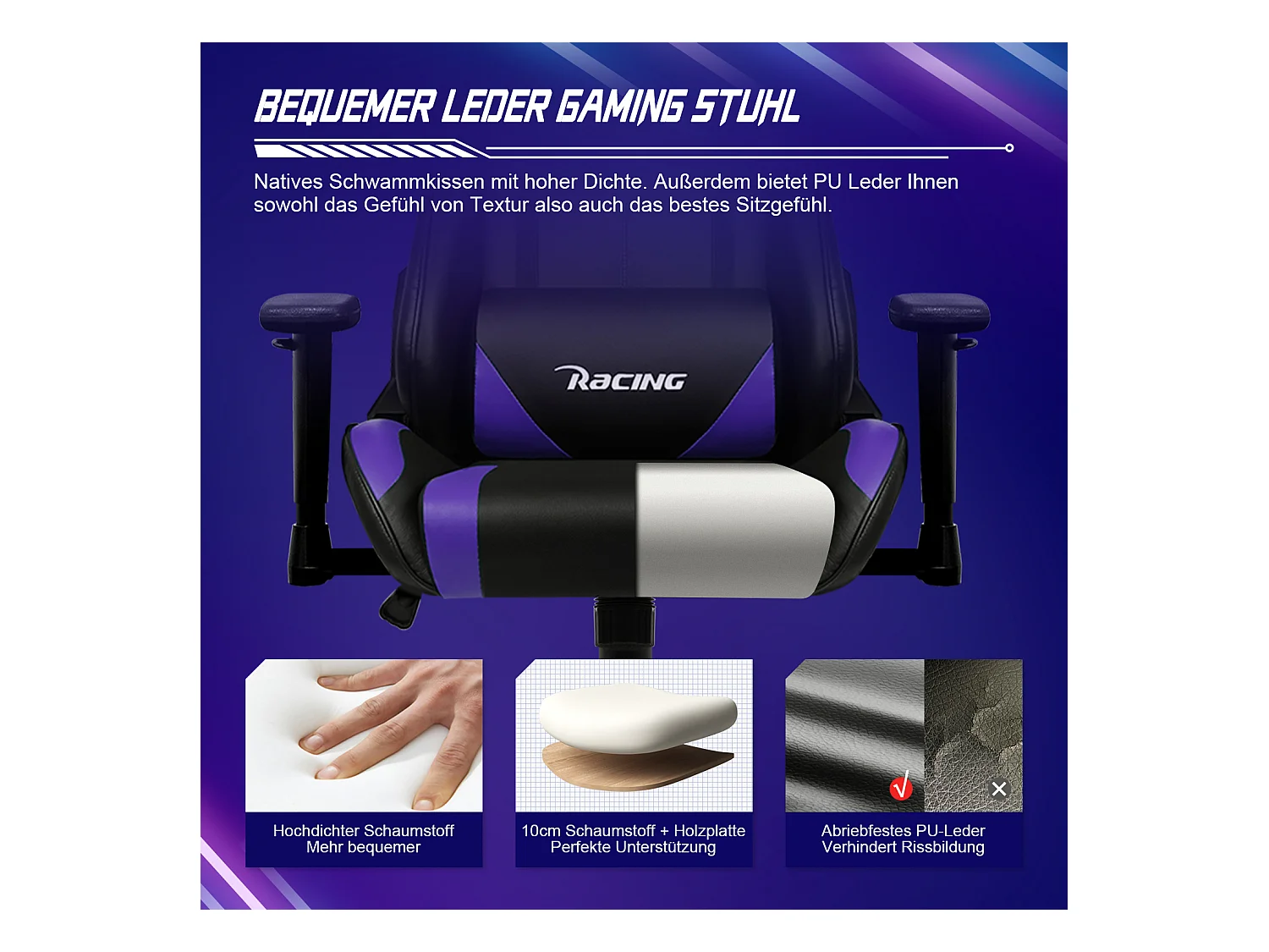 Gaming-Stuhl - ergonomisch Gaming-Stuhl mit Wippfunktion - Gaming Stuhl mit verstellbaren Lendenkissen - Armlehne und Kopfstütze - Bequeme Sitzkissen - 150 kg
