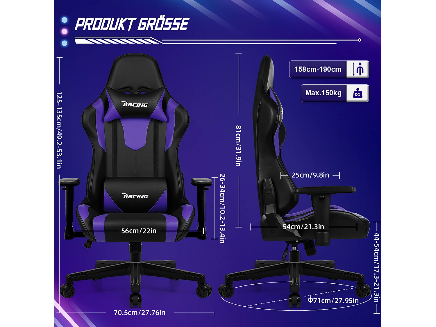 Gaming-Stuhl - ergonomisch Gaming-Stuhl mit Wippfunktion - Gaming Stuhl mit verstellbaren Lendenkissen - Armlehne und Kopfstütze - Bequeme Sitzkissen - 150 kg