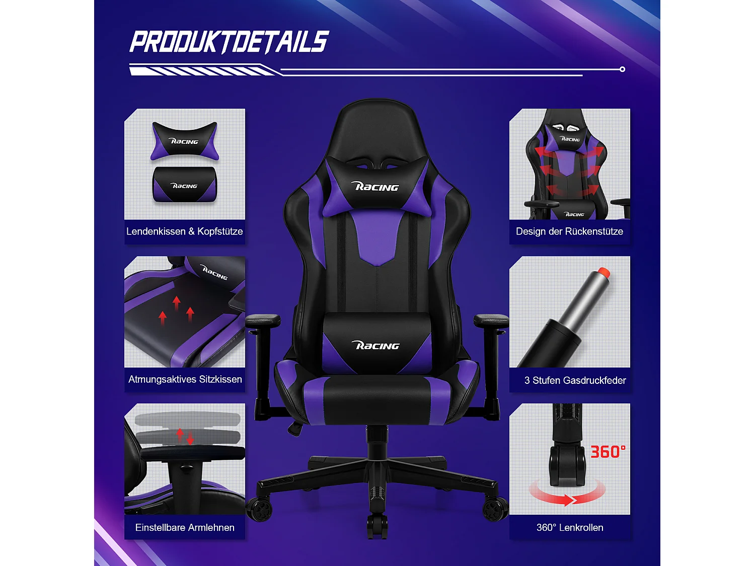 Gaming-Stuhl - ergonomisch Gaming-Stuhl mit Wippfunktion - Gaming Stuhl mit verstellbaren Lendenkissen - Armlehne und Kopfstütze - Bequeme Sitzkissen - 150 kg