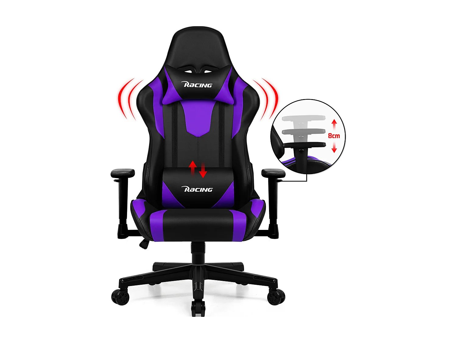 Fauteuil gaming - Fauteuil gaming ergonomique avec fonction bascule - Fauteuil gaming avec coussin lombaire réglable - Accoudoirs et appui-tête - Coussin d'assise c