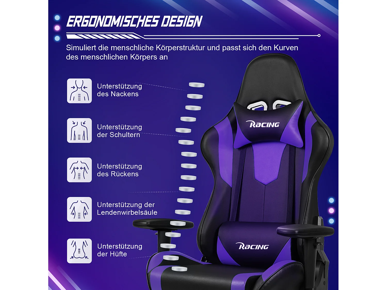 Fauteuil gaming - Fauteuil gaming ergonomique avec fonction bascule - Fauteuil gaming avec coussin lombaire réglable - Accoudoirs et appui-tête - Coussin d'assise c