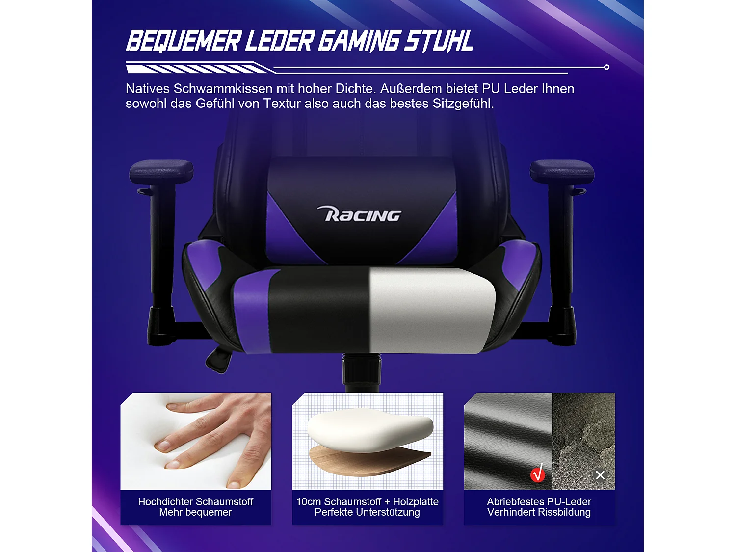 Fauteuil gaming - Fauteuil gaming ergonomique avec fonction bascule - Fauteuil gaming avec coussin lombaire réglable - Accoudoirs et appui-tête - Coussin d'assise c