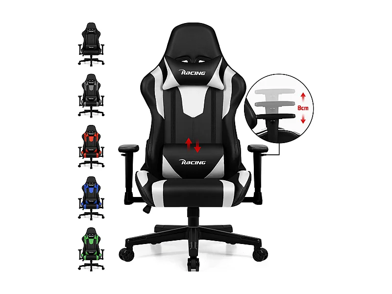 Gaming-Stuhl - ergonomisch Gaming-Stuhl mit Wippfunktion - Gaming Stuhl mit verstellbaren Lendenkissen - Armlehne und Kopfstütze - Bequeme Sitzkissen - 150 kg