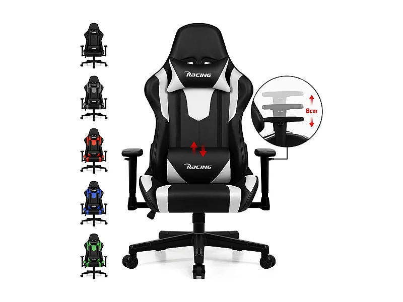 Gaming-Stuhl - ergonomisch Gaming-Stuhl mit Wippfunktion - Gaming Stuhl mit verstellbaren Lendenkissen - Armlehne und Kopfstütze - Bequeme Sitzkissen - 150 kg