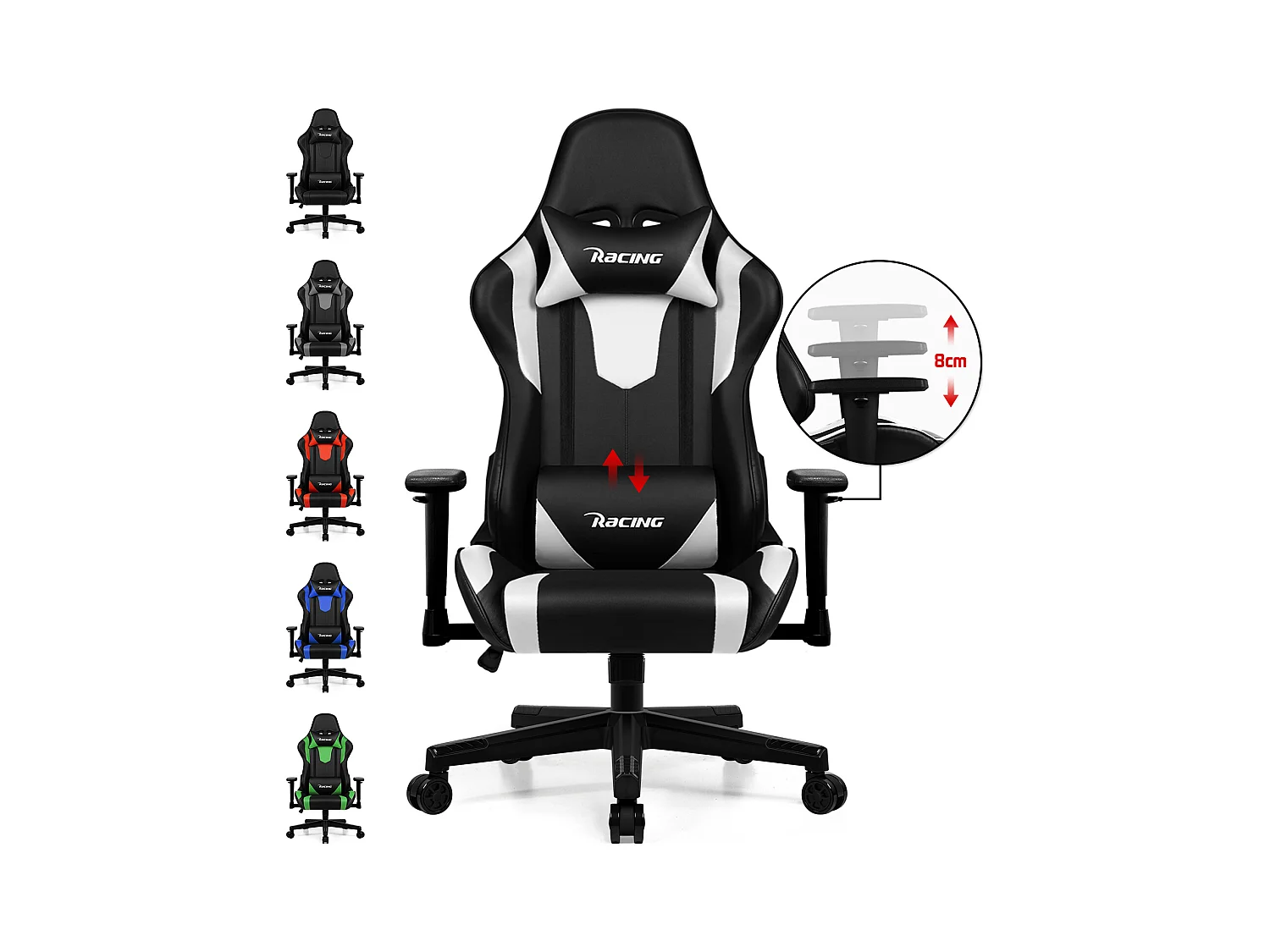 Gaming-Stuhl - ergonomisch Gaming-Stuhl mit Wippfunktion - Gaming Stuhl mit verstellbaren Lendenkissen - Armlehne und Kopfstütze - Bequeme Sitzkissen - 150 kg