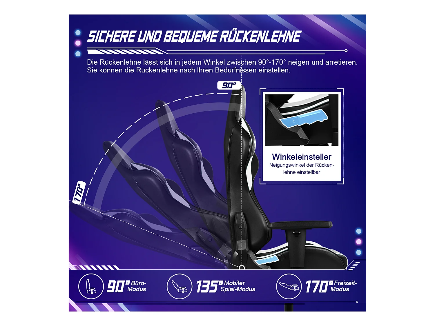 Gaming-Stuhl - ergonomisch Gaming-Stuhl mit Wippfunktion - Gaming Stuhl mit verstellbaren Lendenkissen - Armlehne und Kopfstütze - Bequeme Sitzkissen - 150 kg