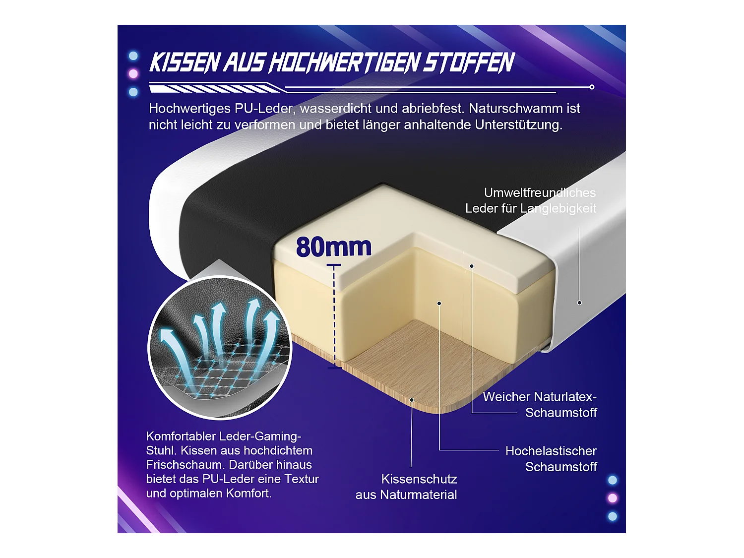 Gaming-Stuhl - ergonomisch Gaming-Stuhl mit Wippfunktion - Gaming Stuhl mit verstellbaren Lendenkissen - Armlehne und Kopfstütze - Bequeme Sitzkissen - 150 kg