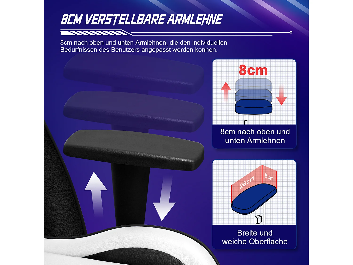 Gaming-Stuhl - ergonomisch Gaming-Stuhl mit Wippfunktion - Gaming Stuhl mit verstellbaren Lendenkissen - Armlehne und Kopfstütze - Bequeme Sitzkissen - 150 kg