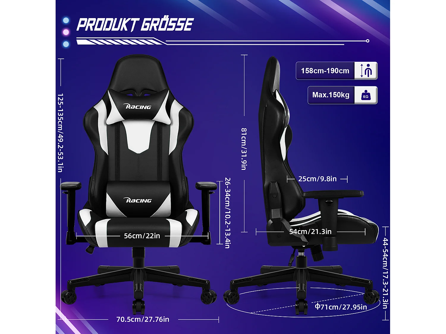 Gaming-Stuhl - ergonomisch Gaming-Stuhl mit Wippfunktion - Gaming Stuhl mit verstellbaren Lendenkissen - Armlehne und Kopfstütze - Bequeme Sitzkissen - 150 kg