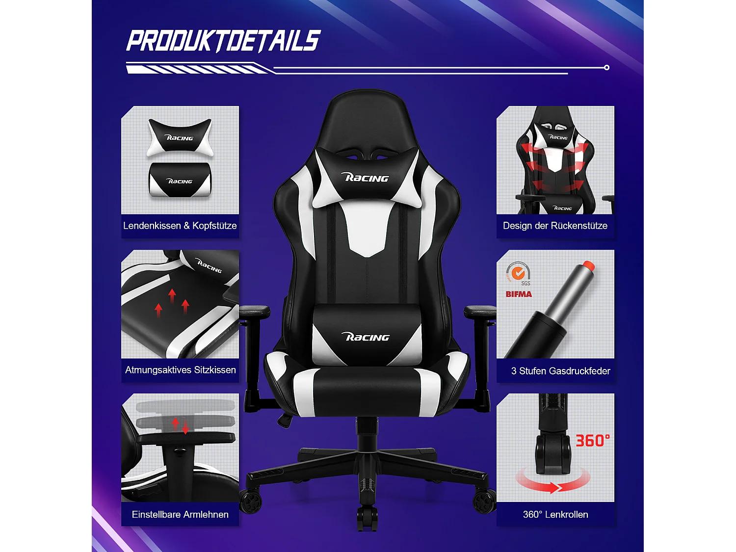 Gaming-Stuhl - ergonomisch Gaming-Stuhl mit Wippfunktion - Gaming Stuhl mit verstellbaren Lendenkissen - Armlehne und Kopfstütze - Bequeme Sitzkissen - 150 kg