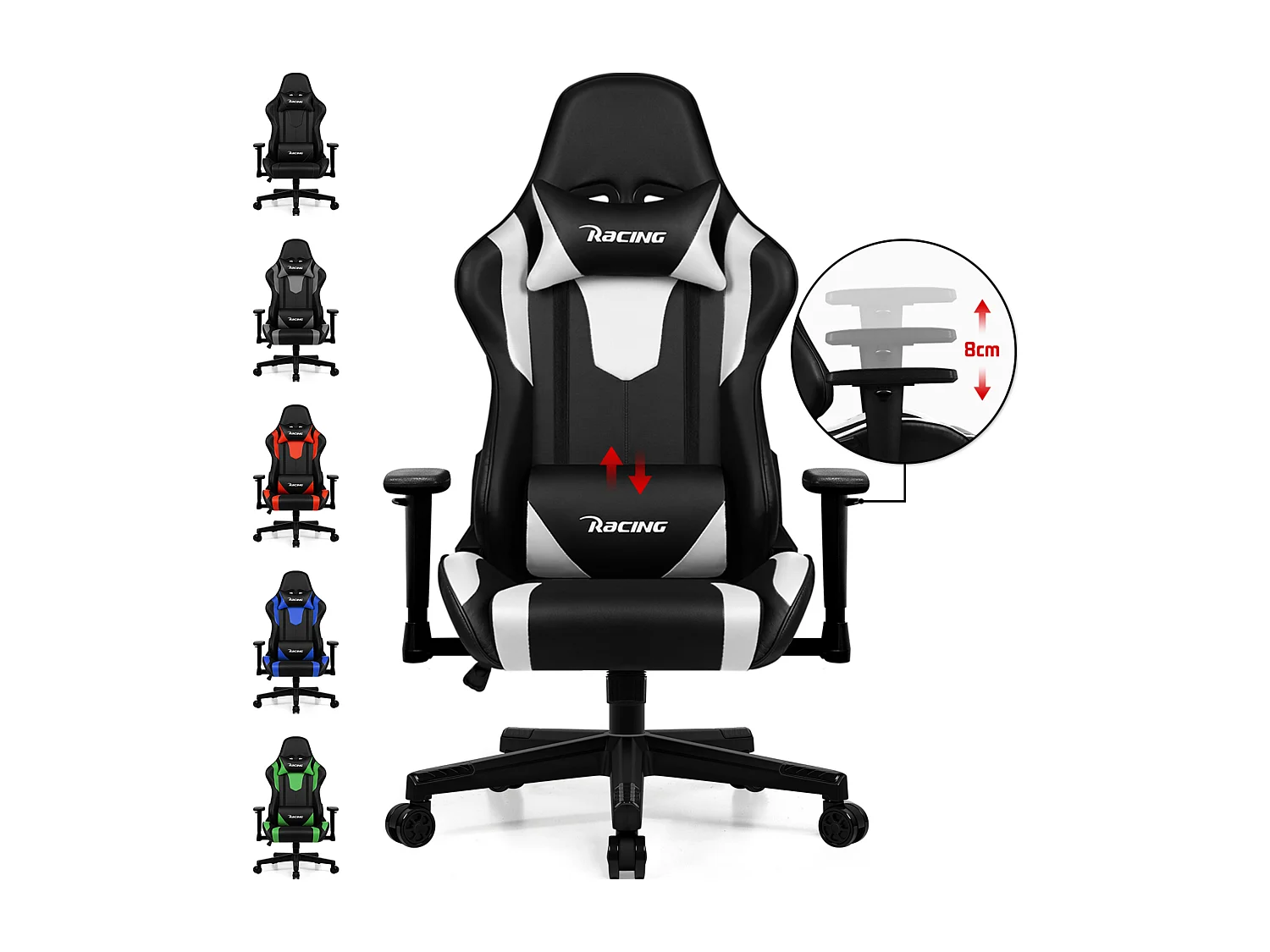 Gaming-Stuhl - ergonomisch Gaming-Stuhl mit Wippfunktion - Gaming Stuhl mit verstellbaren Lendenkissen - Armlehne und Kopfstütze - Bequeme Sitzkissen - 150 kg