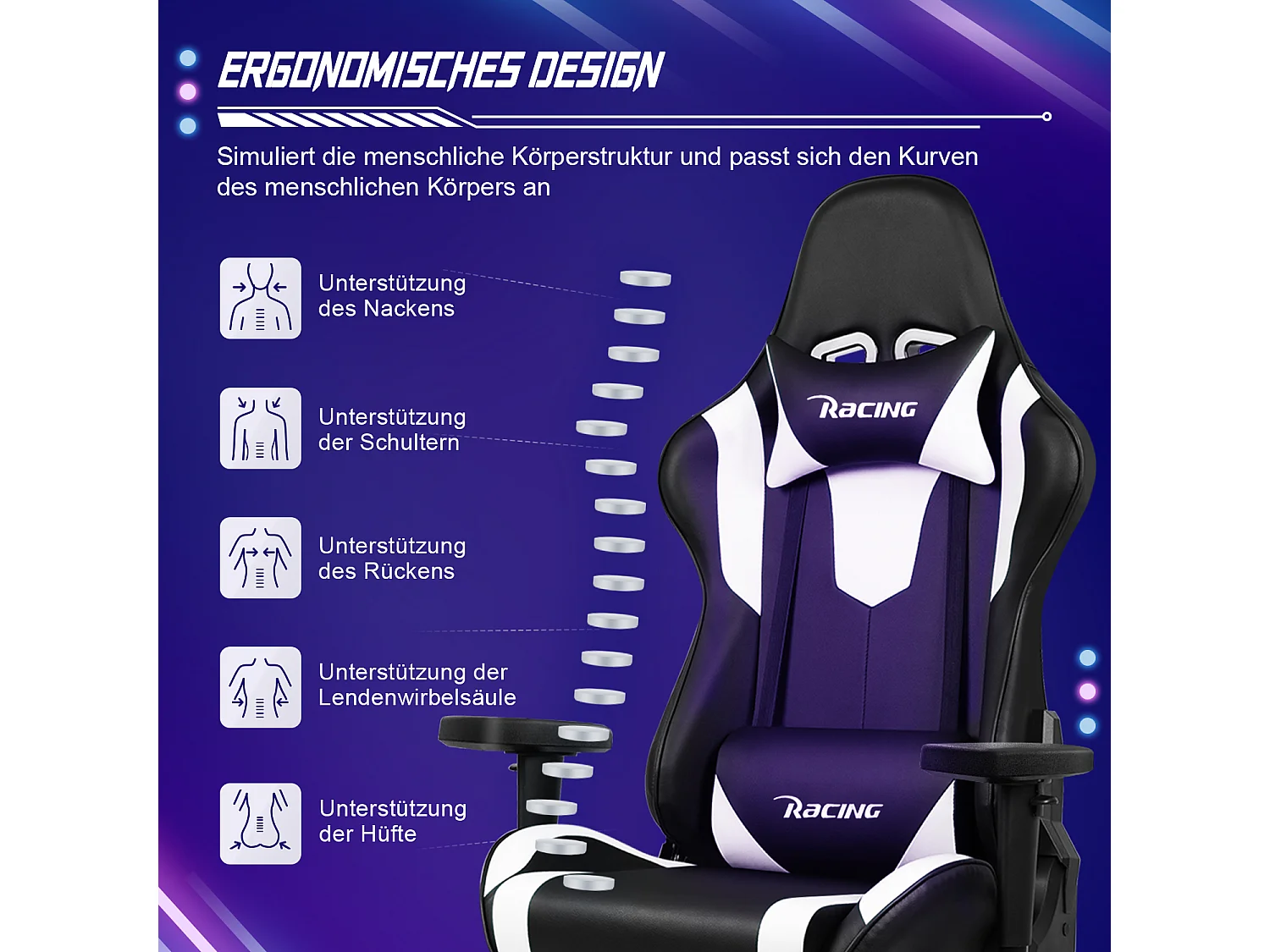 Gaming-Stuhl - ergonomisch Gaming-Stuhl mit Wippfunktion - Gaming Stuhl mit verstellbaren Lendenkissen - Armlehne und Kopfstütze - Bequeme Sitzkissen - 150 kg