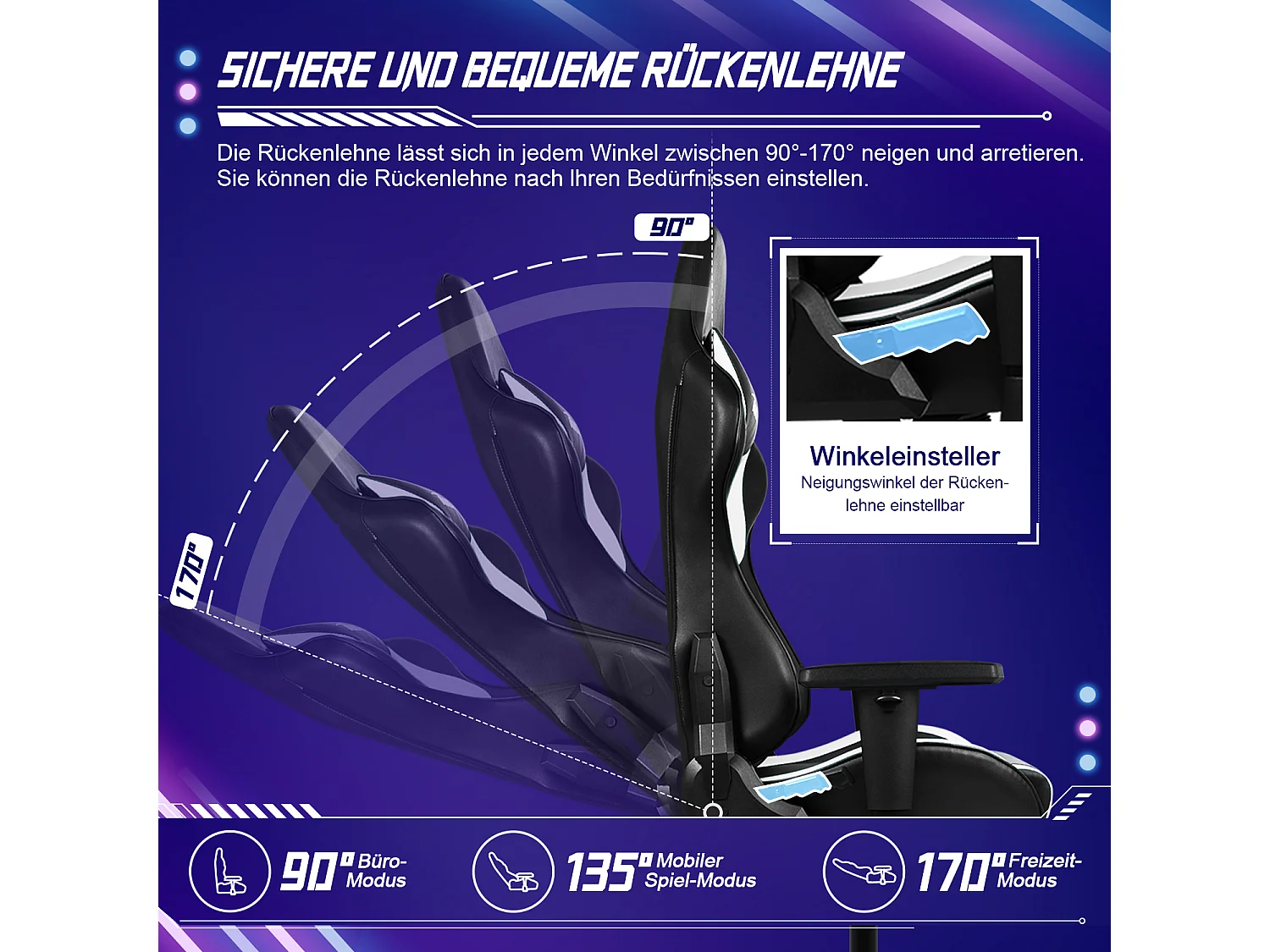 Gaming-Stuhl - ergonomisch Gaming-Stuhl mit Wippfunktion - Gaming Stuhl mit verstellbaren Lendenkissen - Armlehne und Kopfstütze - Bequeme Sitzkissen - 150 kg