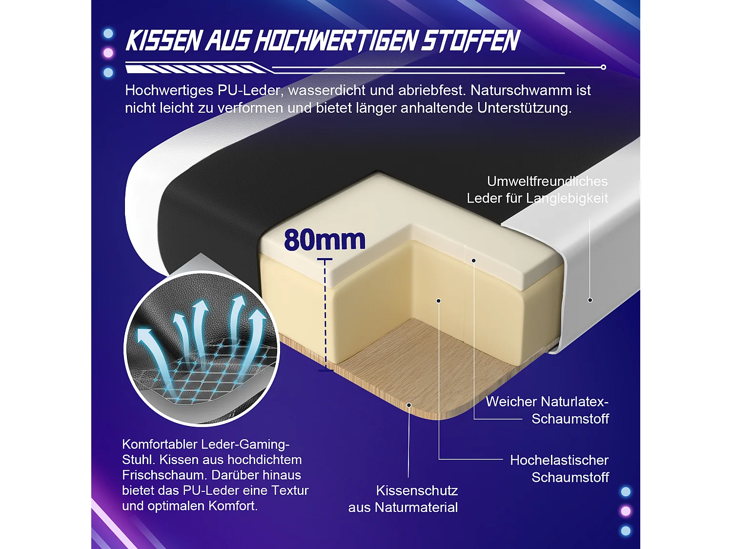 Gaming-Stuhl - ergonomisch Gaming-Stuhl mit Wippfunktion - Gaming Stuhl mit verstellbaren Lendenkissen - Armlehne und Kopfstütze - Bequeme Sitzkissen - 150 kg