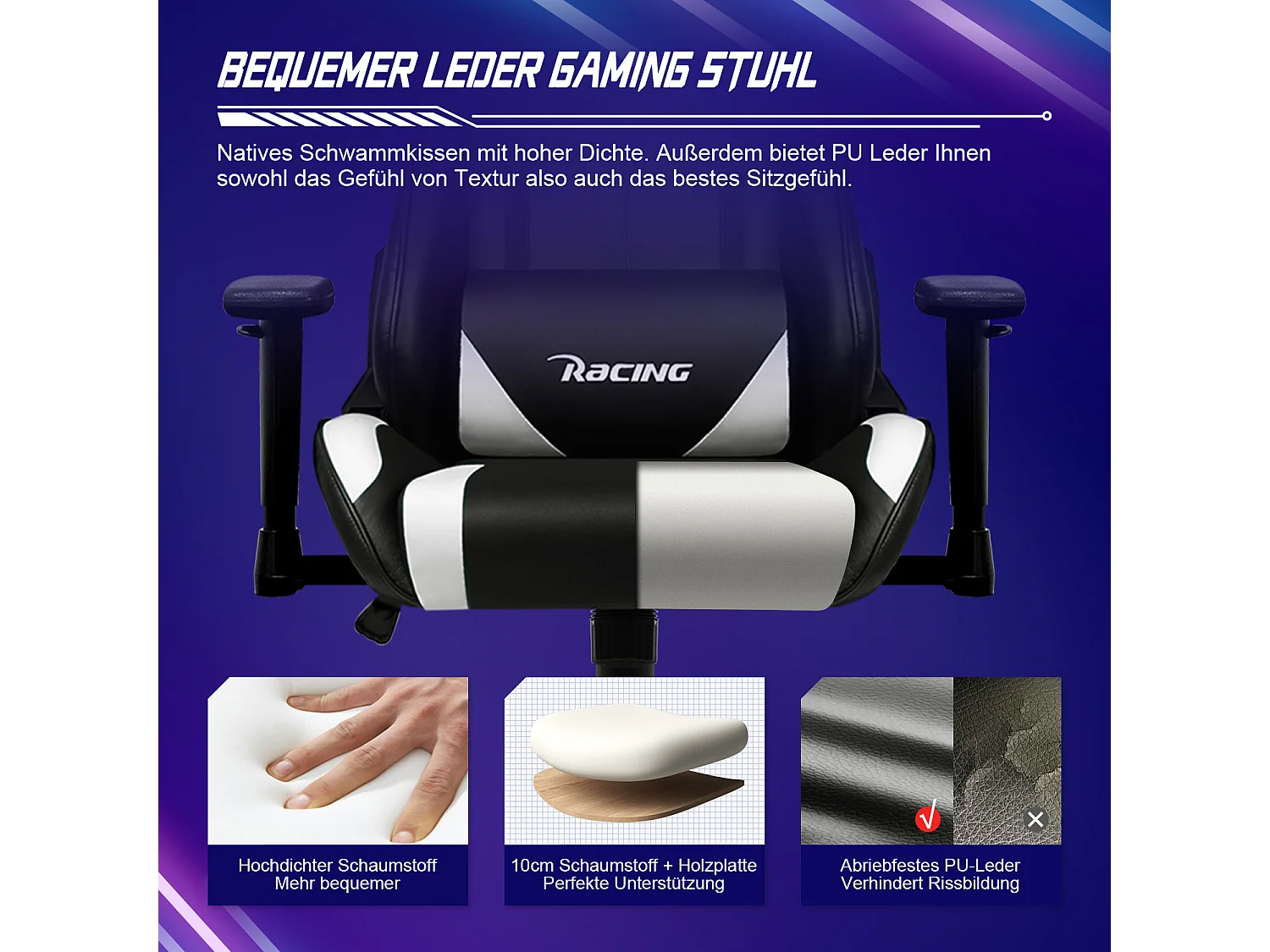 Gaming-Stuhl - ergonomisch Gaming-Stuhl mit Wippfunktion - Gaming Stuhl mit verstellbaren Lendenkissen - Armlehne und Kopfstütze - Bequeme Sitzkissen - 150 kg