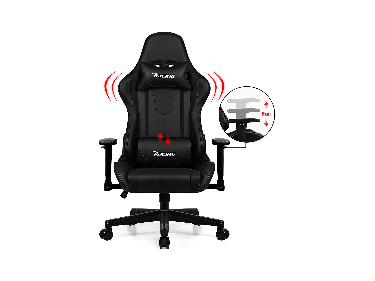 Gaming-Stuhl - ergonomisch Gaming-Stuhl mit Wippfunktion - Gaming Stuhl mit verstellbaren Lendenkissen - Armlehne und Kopfstütze - Bequeme Sitzkissen - 150 kg
