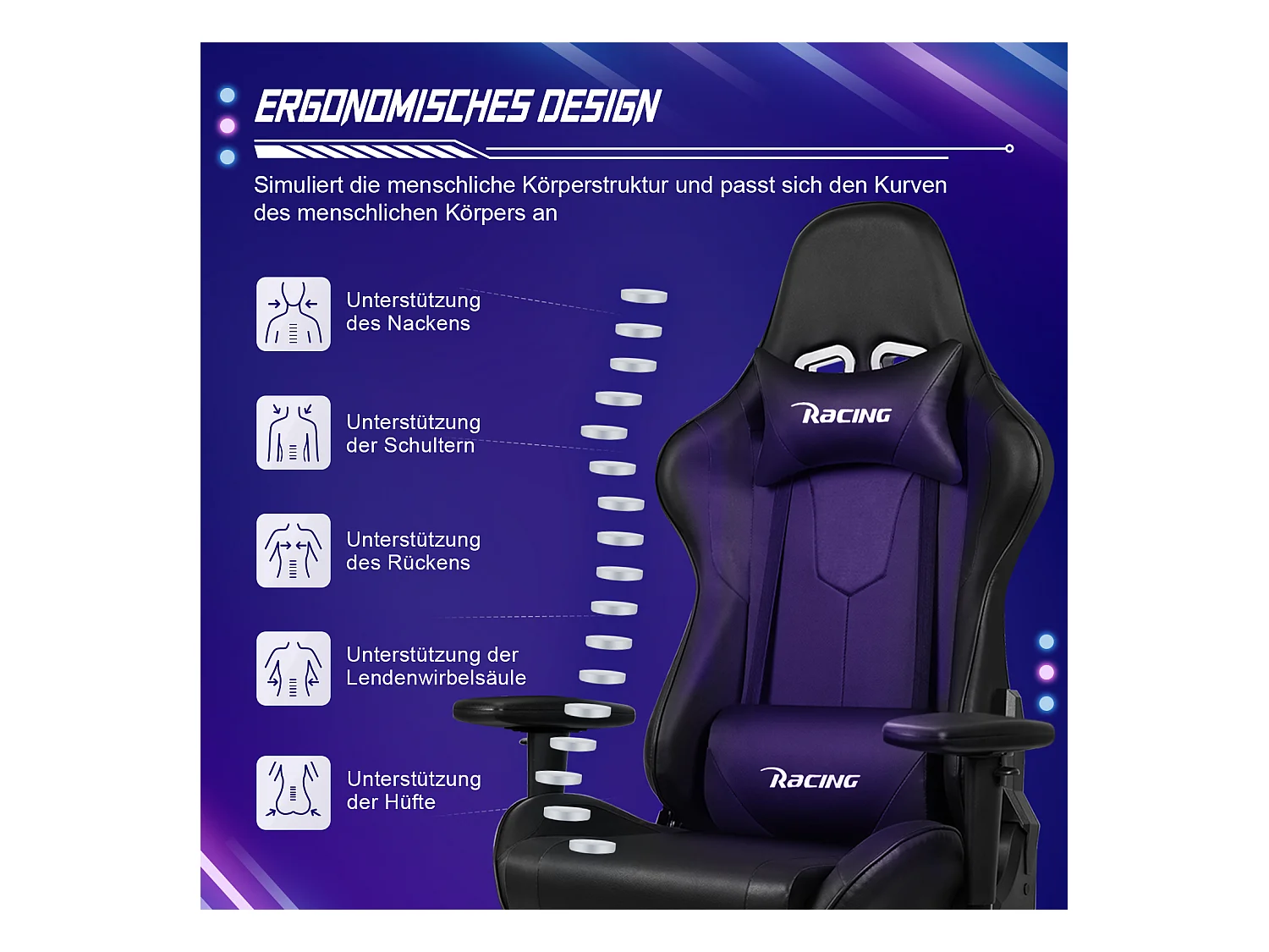 Gaming-Stuhl - ergonomisch Gaming-Stuhl mit Wippfunktion - Gaming Stuhl mit verstellbaren Lendenkissen - Armlehne und Kopfstütze - Bequeme Sitzkissen - 150 kg