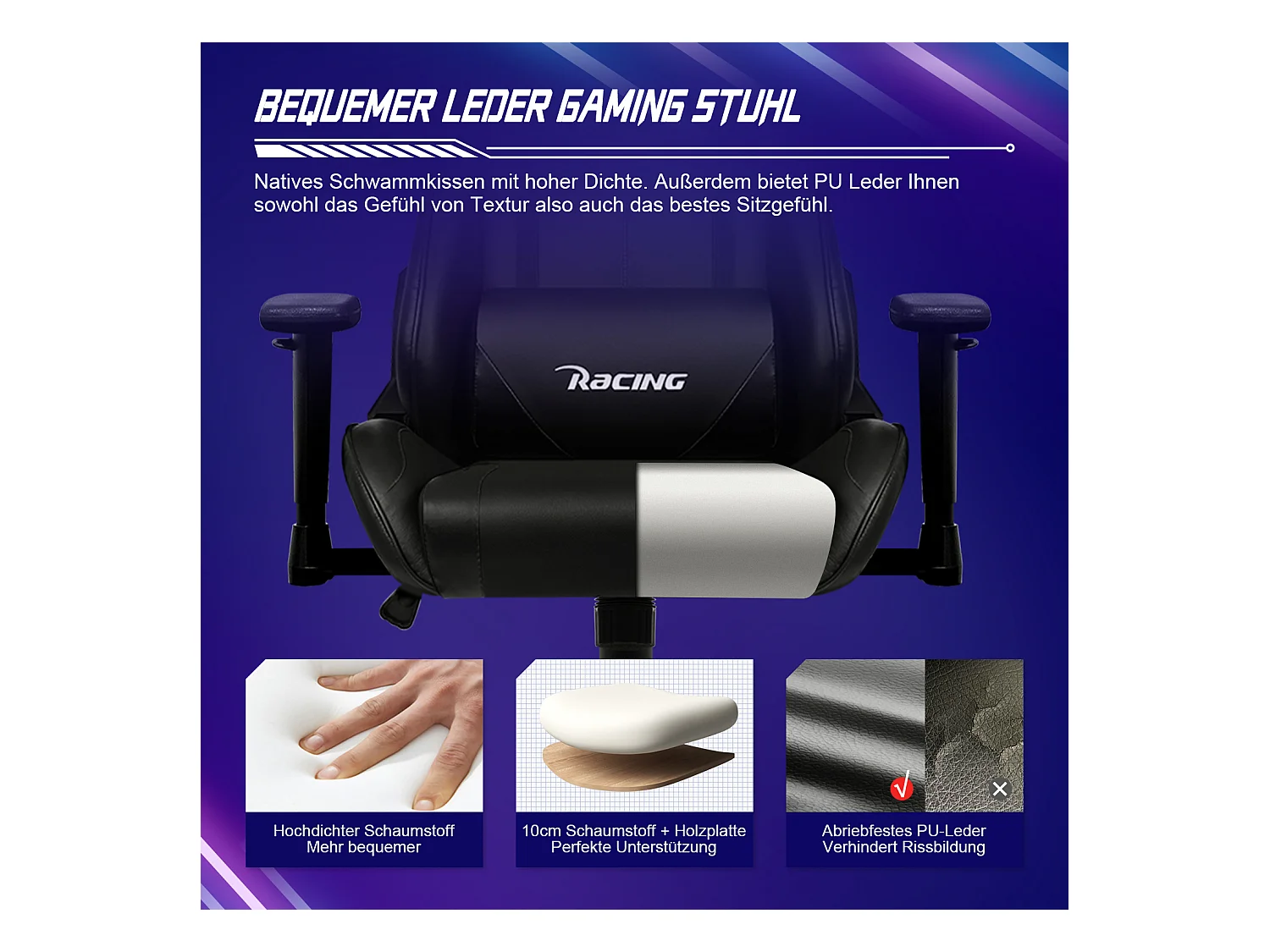 Gaming-Stuhl - ergonomisch Gaming-Stuhl mit Wippfunktion - Gaming Stuhl mit verstellbaren Lendenkissen - Armlehne und Kopfstütze - Bequeme Sitzkissen - 150 kg