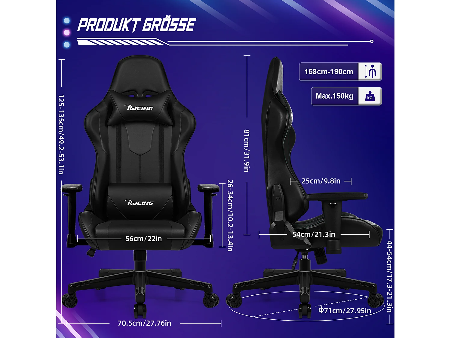 Gaming-Stuhl - ergonomisch Gaming-Stuhl mit Wippfunktion - Gaming Stuhl mit verstellbaren Lendenkissen - Armlehne und Kopfstütze - Bequeme Sitzkissen - 150 kg