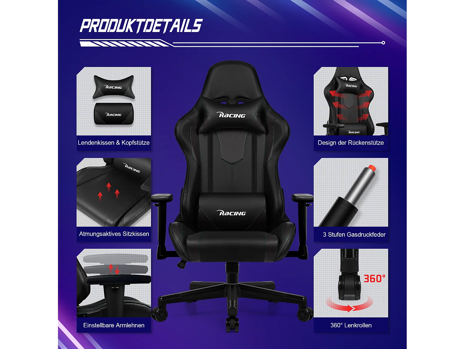 Gaming-Stuhl - ergonomisch Gaming-Stuhl mit Wippfunktion - Gaming Stuhl mit verstellbaren Lendenkissen - Armlehne und Kopfstütze - Bequeme Sitzkissen - 150 kg