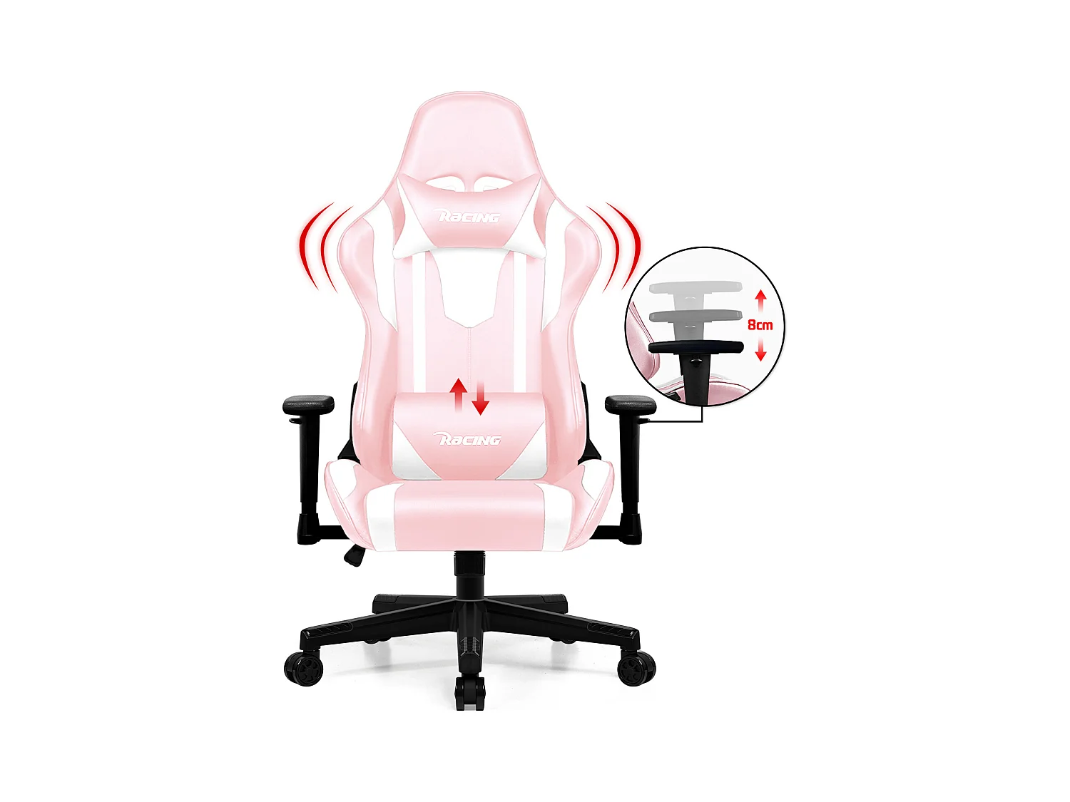 Gaming-Stuhl - ergonomisch Gaming-Stuhl mit Wippfunktion - Gaming Stuhl mit verstellbaren Lendenkissen - Armlehne und Kopfstütze - Bequeme Sitzkissen - 150 kg